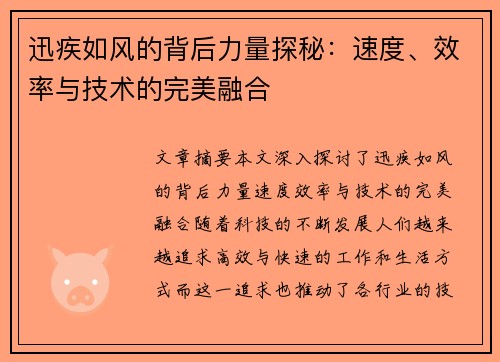 迅疾如风的背后力量探秘：速度、效率与技术的完美融合